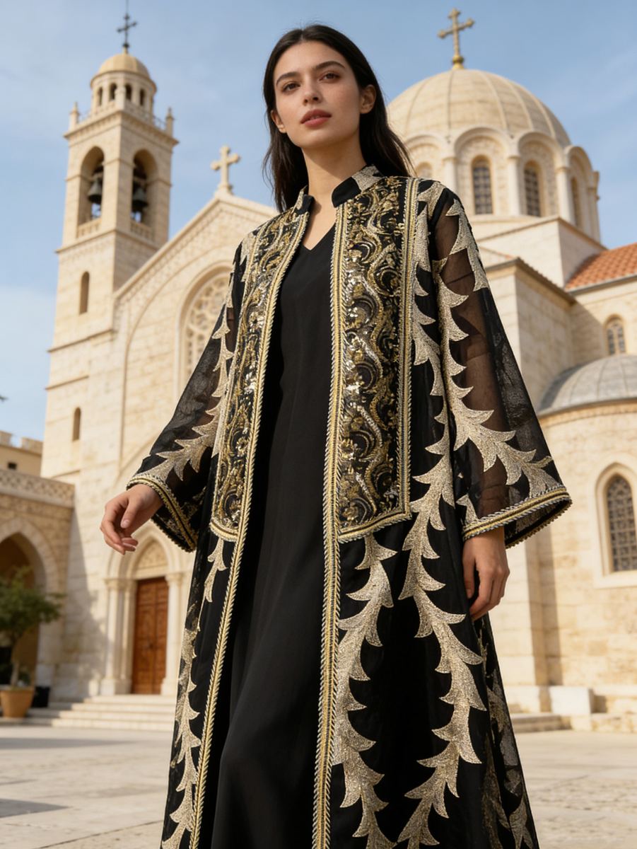 Black open robe with heavy gold and silver sequin embroidery in a courtyard