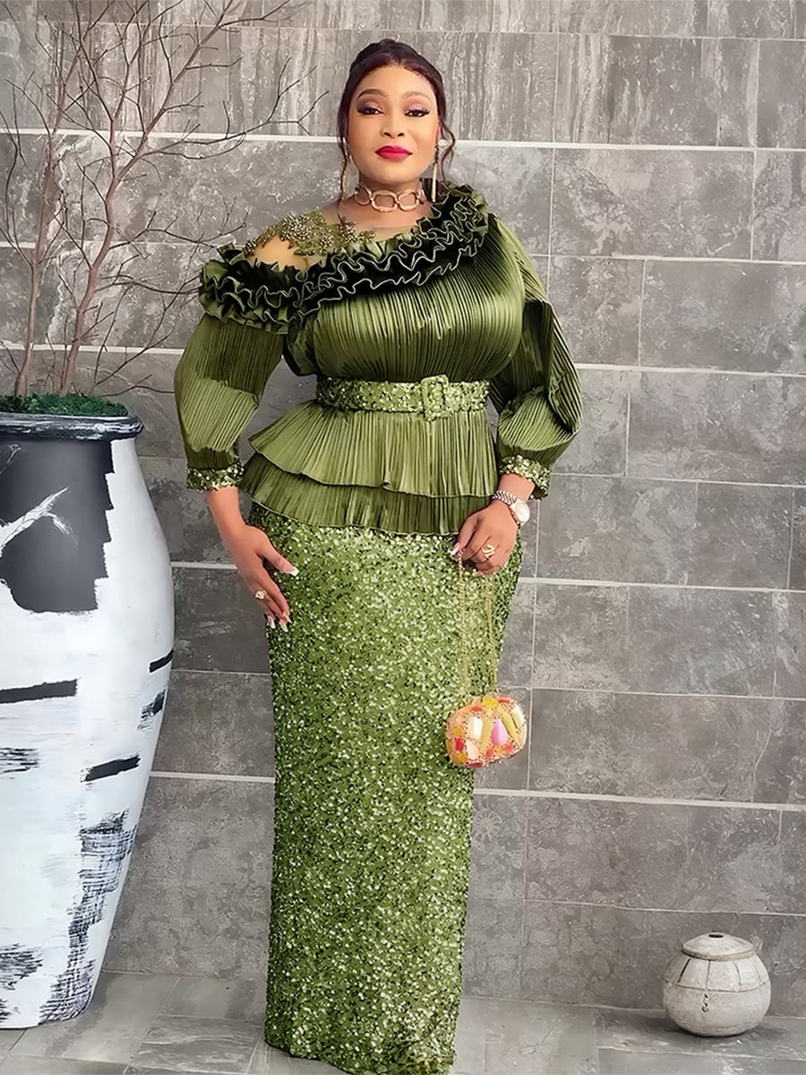 Two-piece Aso Ebi style set with olive pleated top and sage sequin skirt