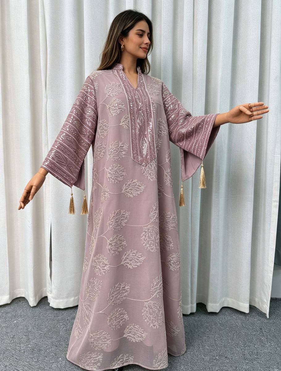 Dusty-rose net occasion gown with floral embroidery and sequins