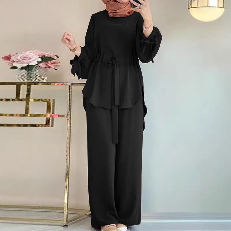 Women's round-neck drawstring top with wide-leg trousers modest set