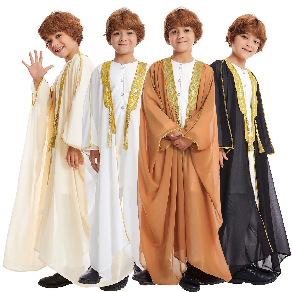 Boys' beige thobe with sheer bisht cloak and gold trim
