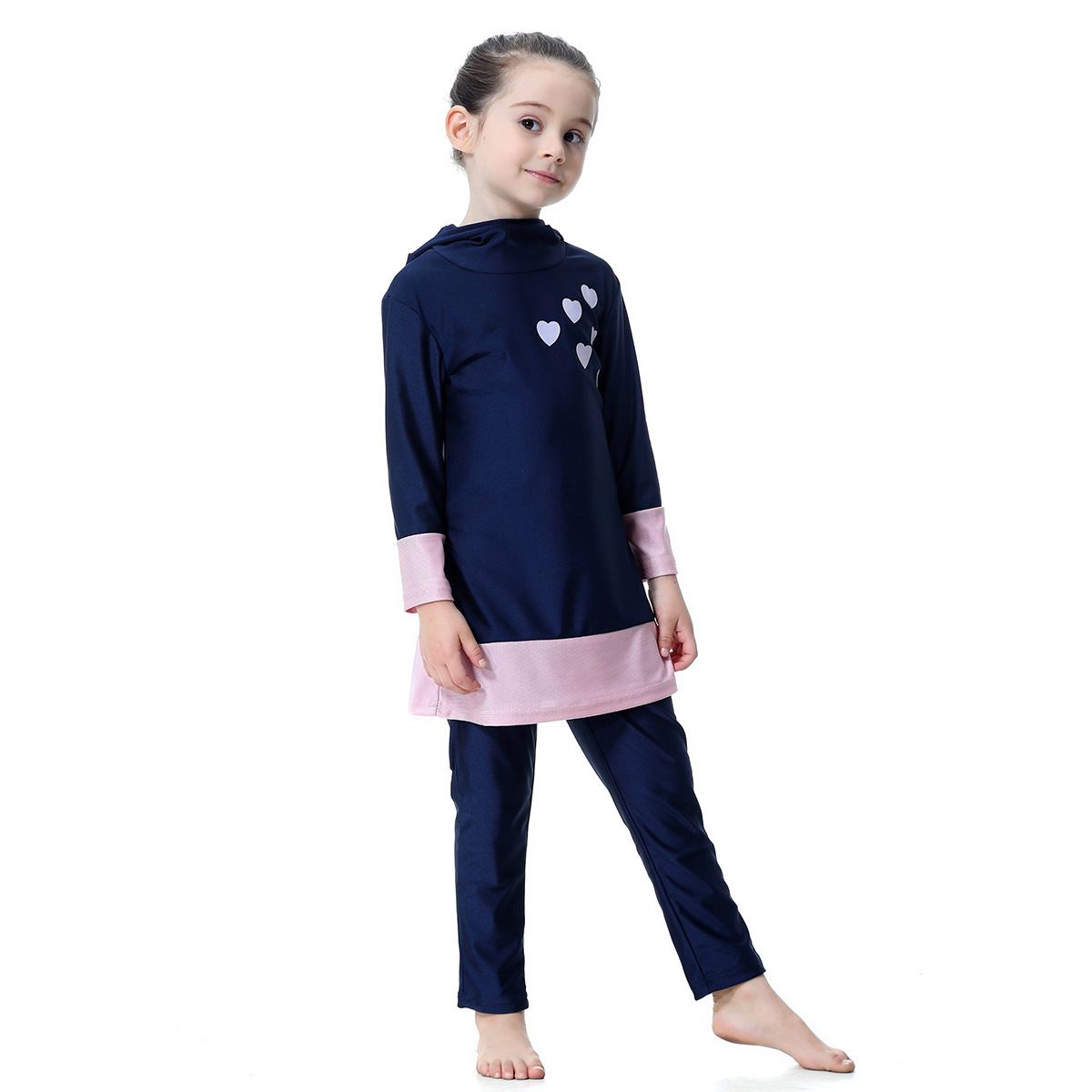 Girls' navy modest two-piece swimsuit with heart print