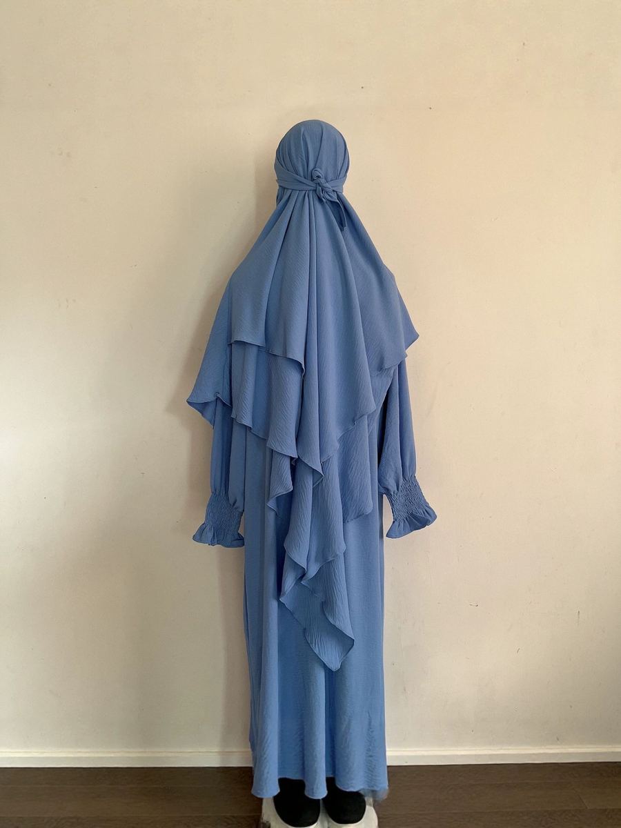 Grey-blue crinkle two-piece modest set with double-layer cape shawl