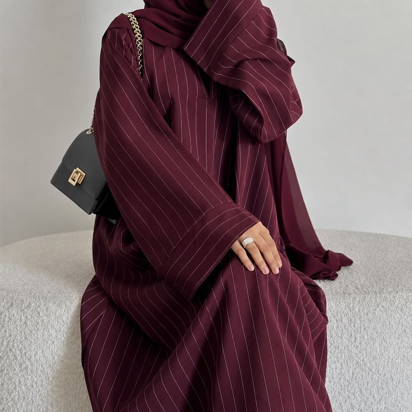 Burgundy pinstripe V-neck maxi abaya with matching hijab