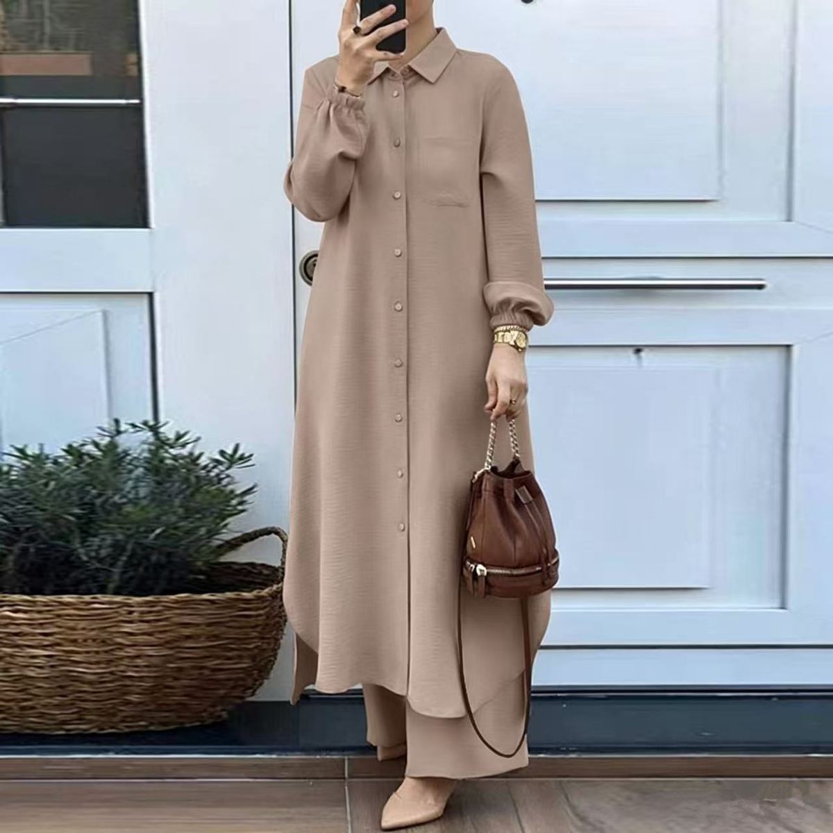 Women's solid-color long-sleeve top with trousers two-piece modest set