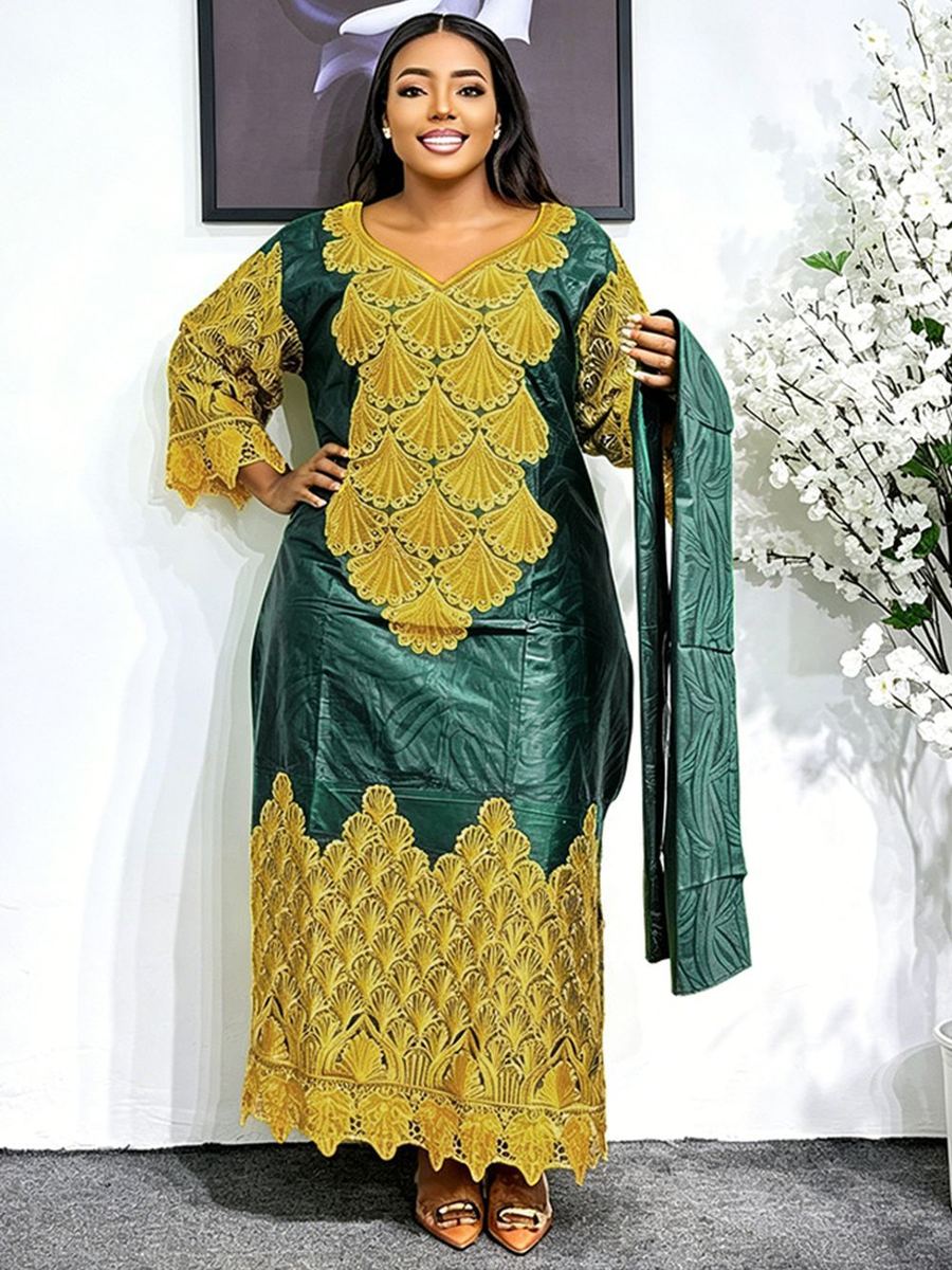 Emerald African maxi dress with golden lace embroidery and matching headwrap