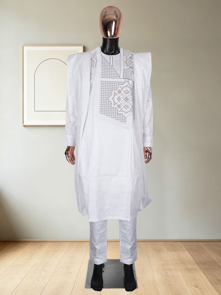 Men's jacquard three-piece agbada set — tunic, trousers and outer robe, wholesale African menswear photo 3