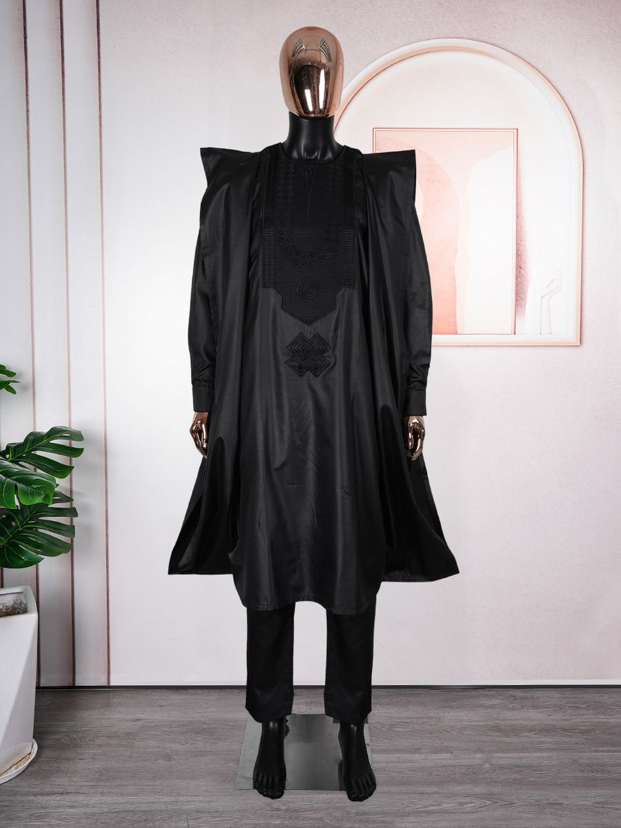 Men's jacquard three-piece agbada set — tunic, trousers and outer robe, wholesale African menswear