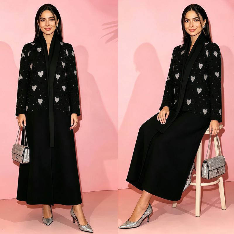 Black rhinestone-heart cardigan with matching modest maxi dress on model