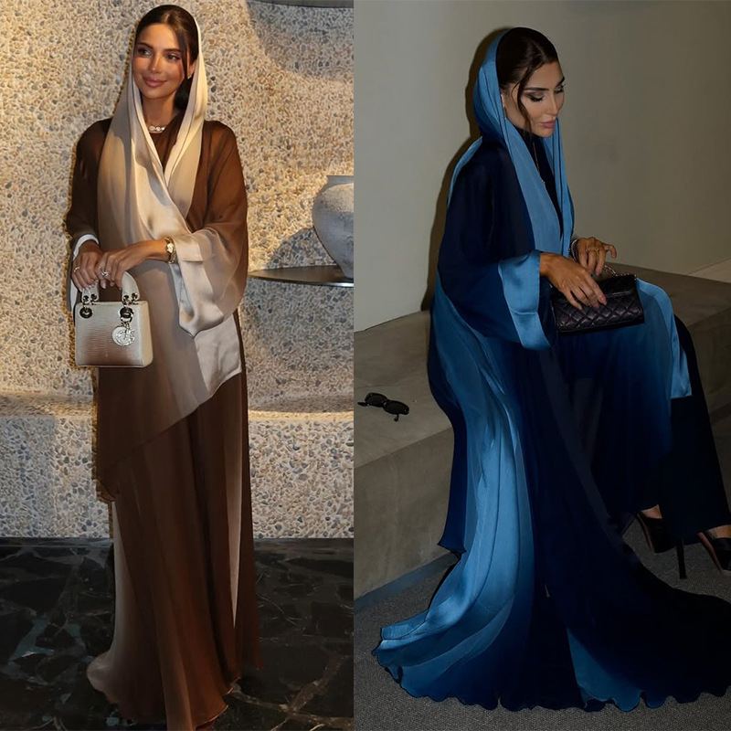 Satin ombre two-piece modest set in brown and champagne with matching hijab