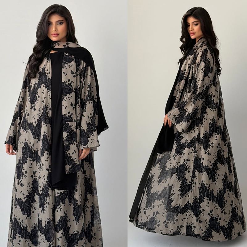 Beige and black large-floral lace modest robe set on model, front and side views