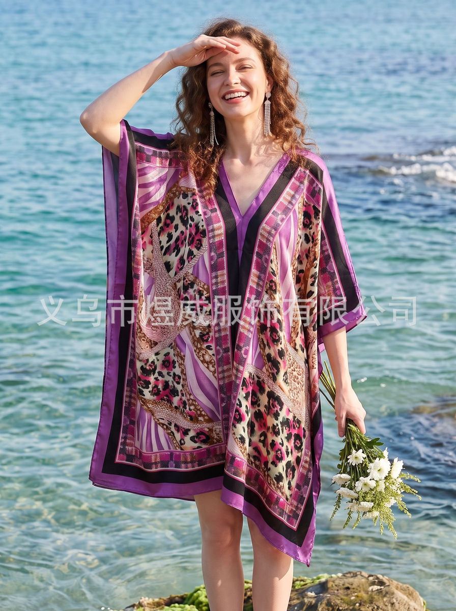 Plus-size V-neck kaftan maxi dress in black with gold feather print and orange edge photo 3
