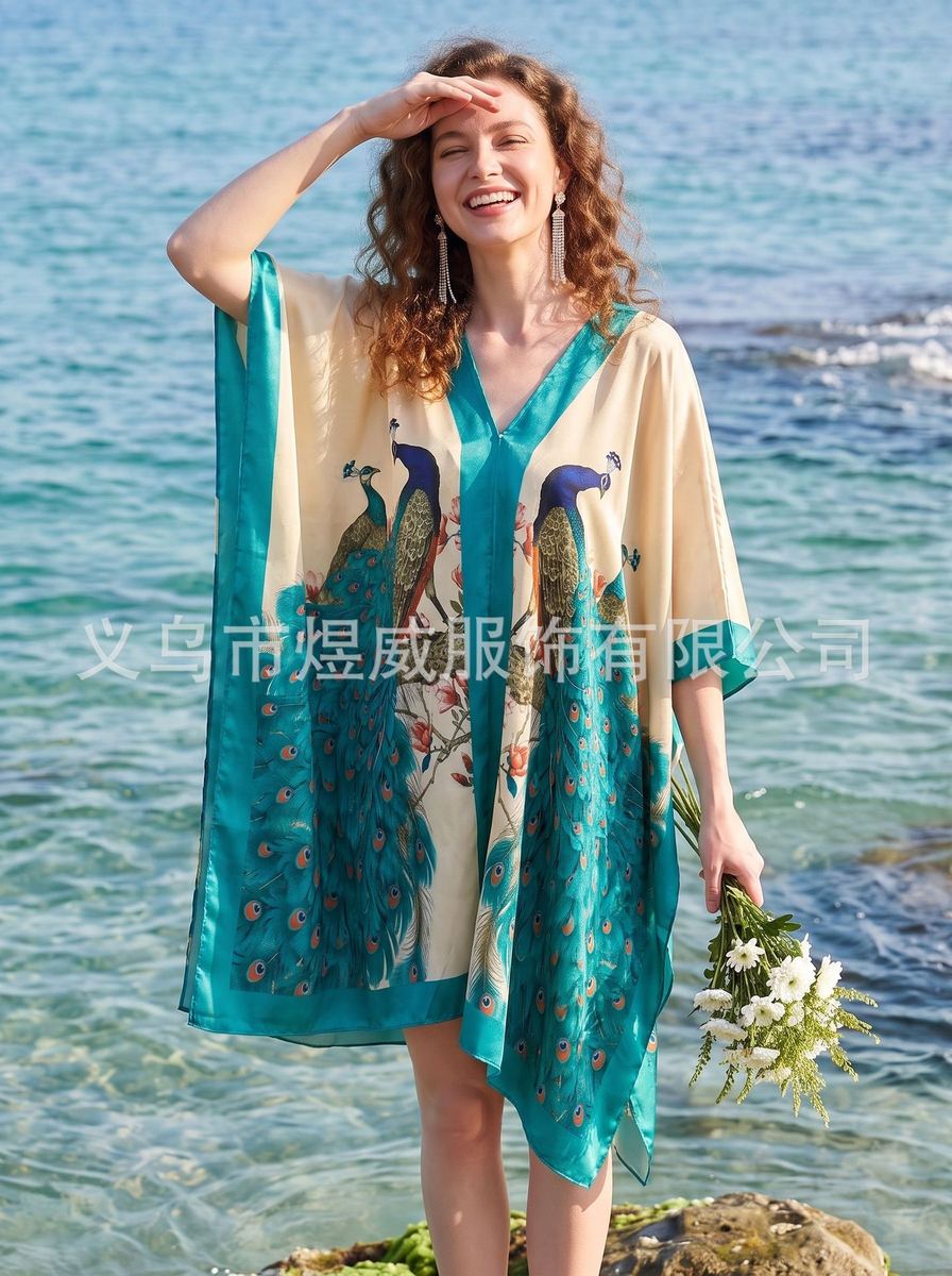 Plus-size V-neck kaftan maxi dress in black with gold feather print and orange edge photo 4
