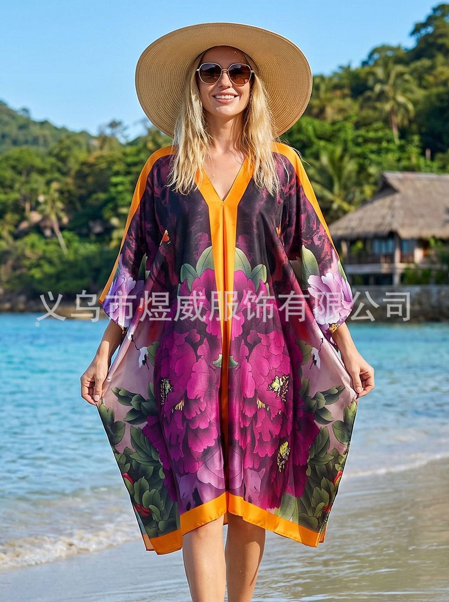 Plus-size V-neck kaftan maxi dress in black with gold feather print and orange edge photo 5