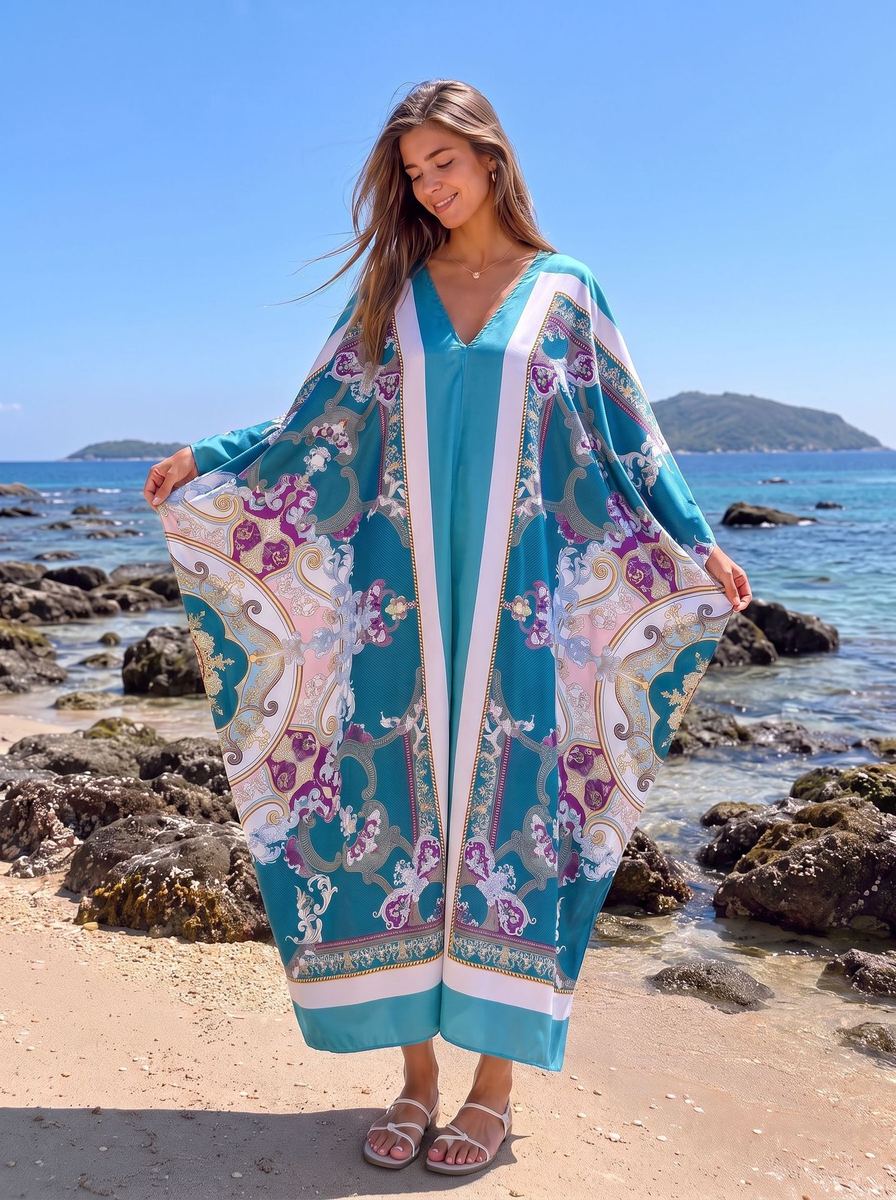 Printed V-neck kaftan dress, relaxed resort fit — wholesale African women's dress