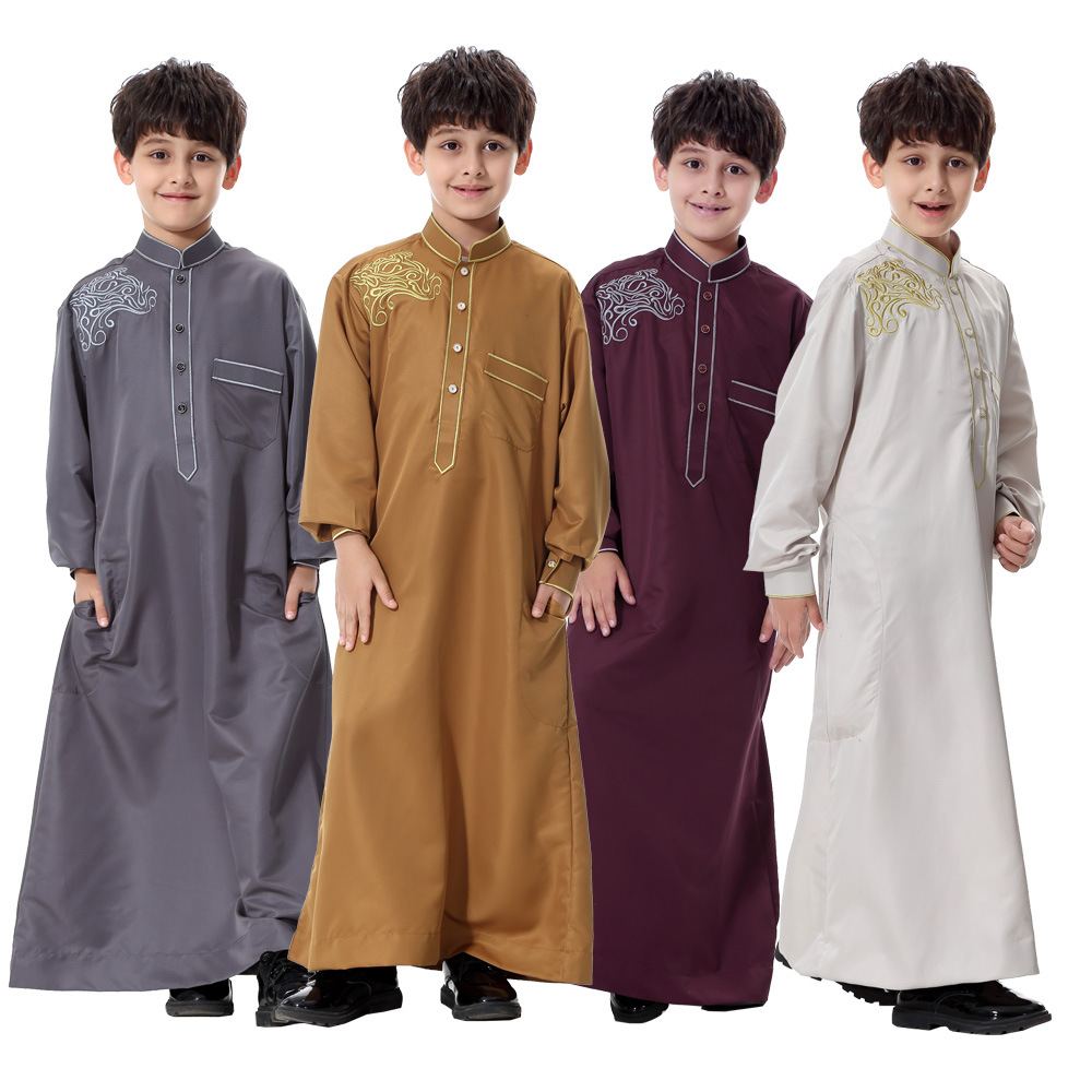 Boys' dark grey thobe with vine embroidery