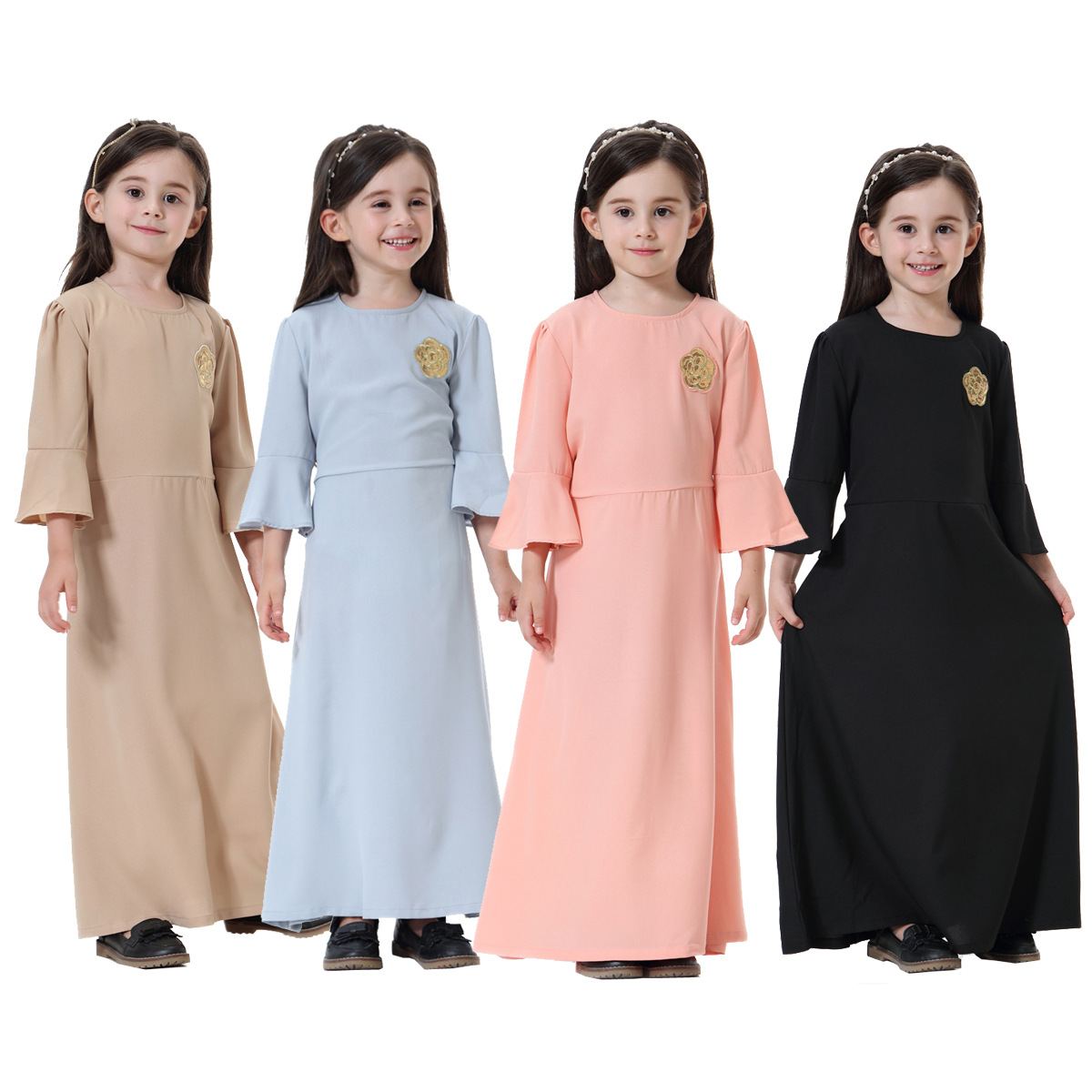 Girls' beige bell-sleeve abaya with gold flower applique