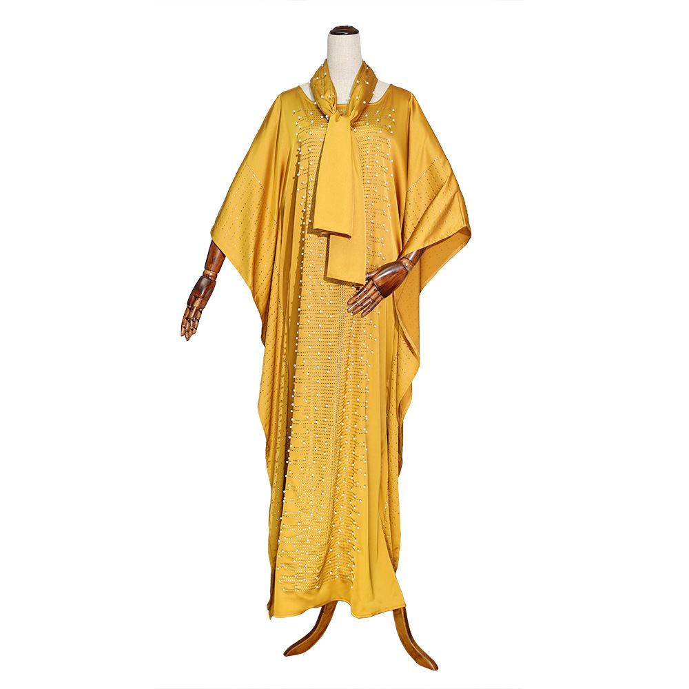 Rhinestone-embellished satin kaftan with matching headwrap — wholesale African women's robe photo 3