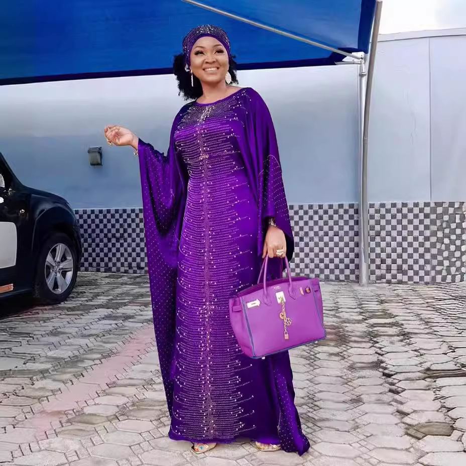 Rhinestone-embellished satin kaftan with matching headwrap — wholesale African women's robe