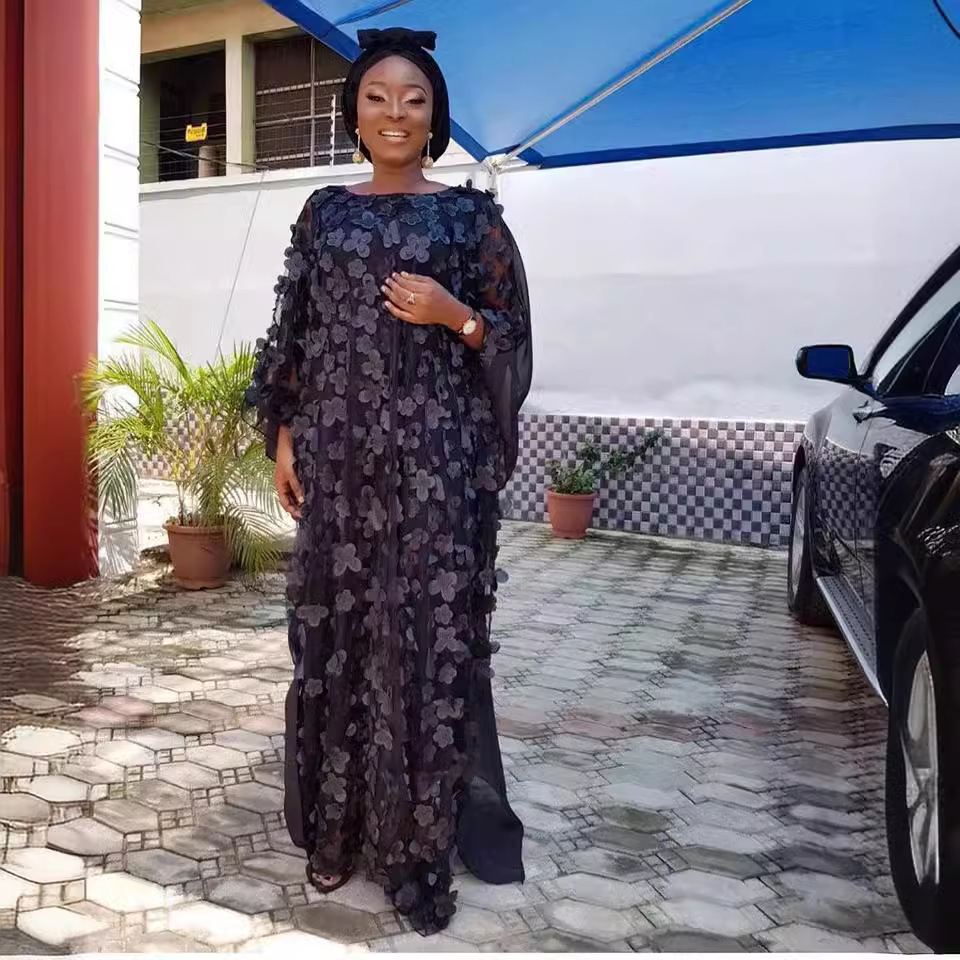 Three-dimensional floral embroidered mesh kaftan with slip dress — wholesale African women's robe photo 3