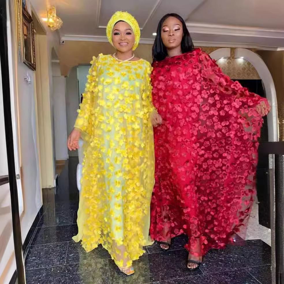 Three-dimensional floral embroidered mesh kaftan with slip dress — wholesale African women's robe