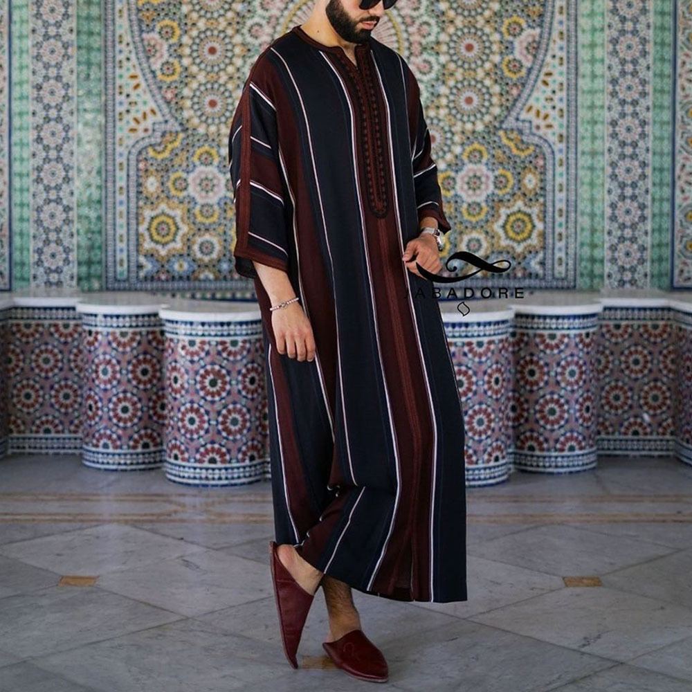 Men's striped relaxed long shirt in navy and wine tones photo 3
