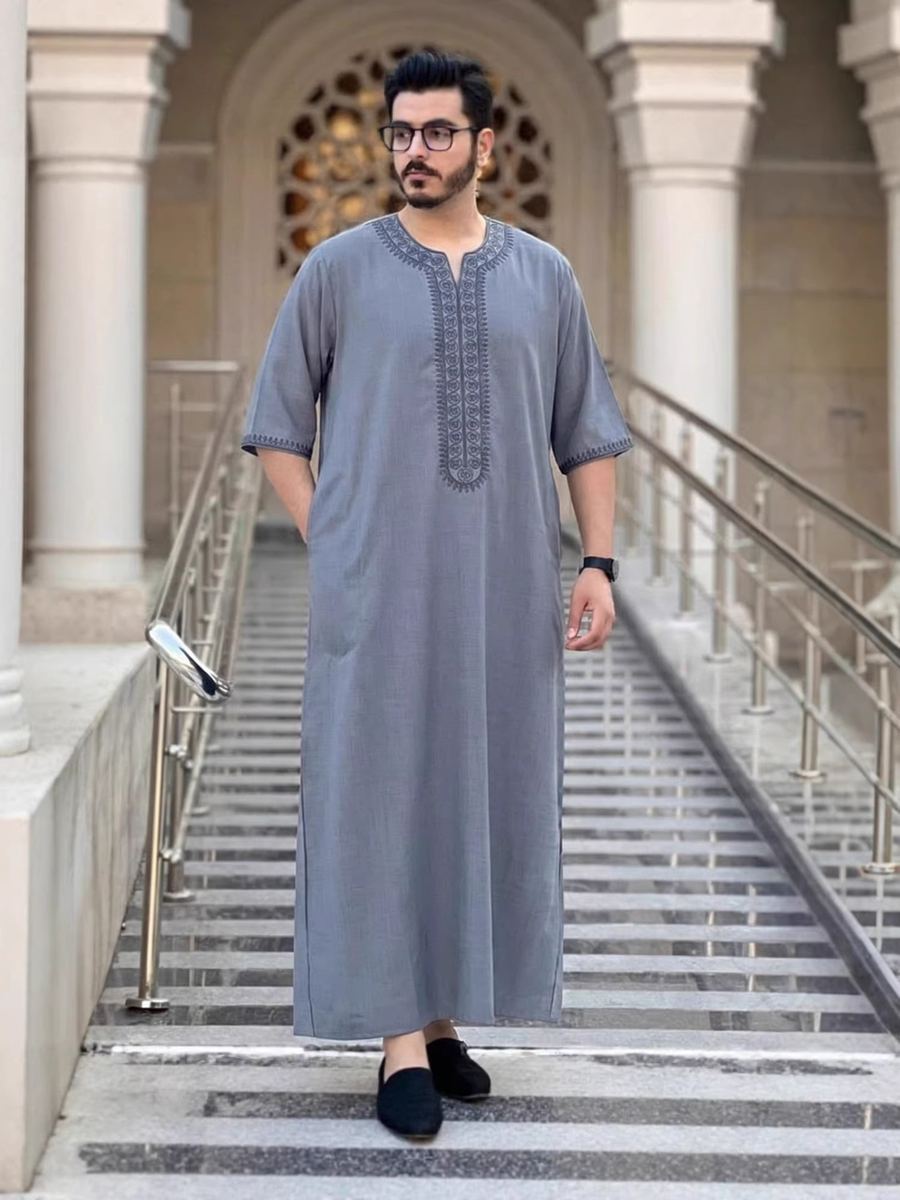 Men's grey ethnic long festival robe-shirt