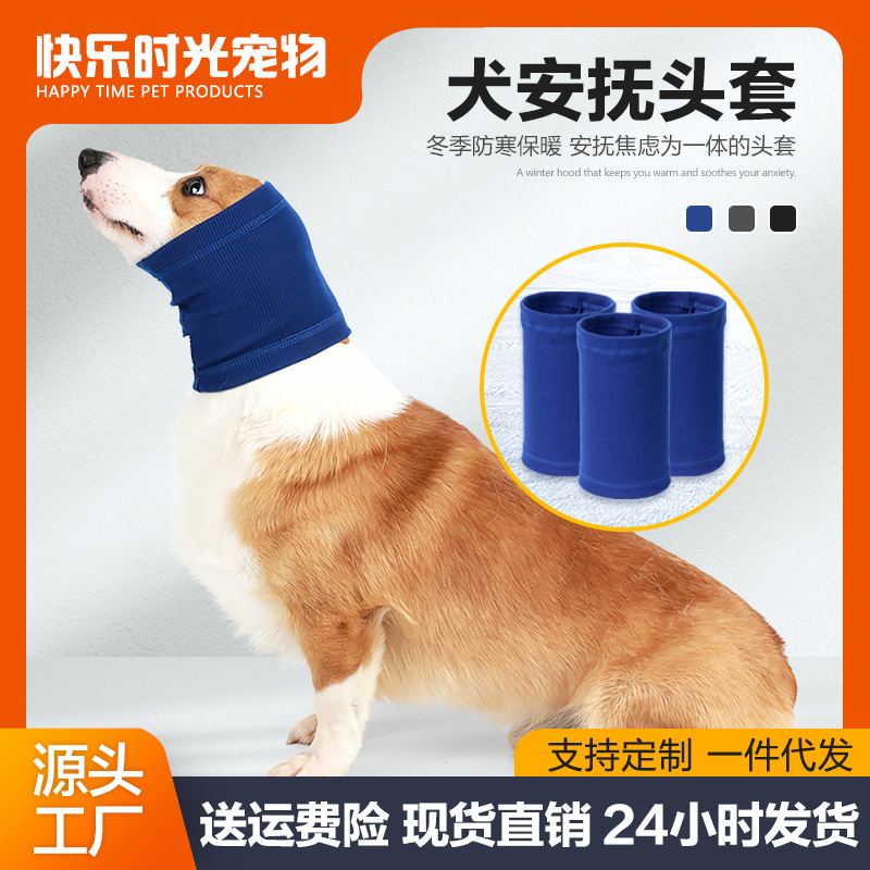 Dog wearing a blue knitted calming snood ear cover