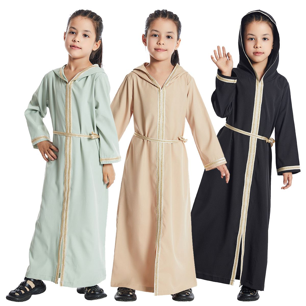 Girls' mint hooded abaya with gold braid trim