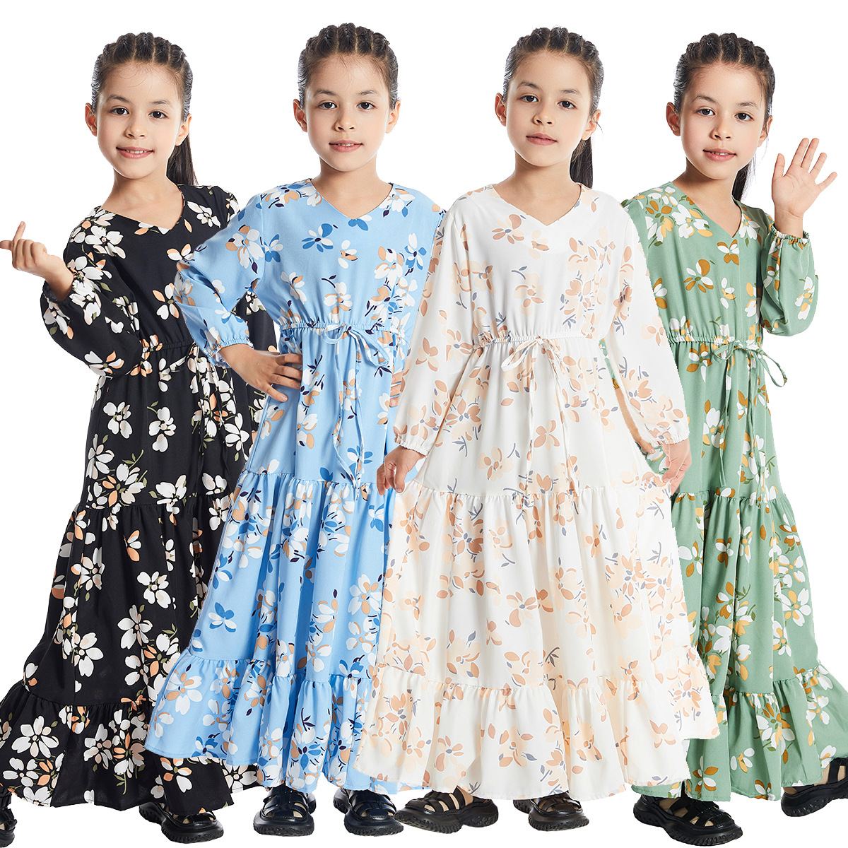 Girls' floral tiered long-sleeve maxi dress