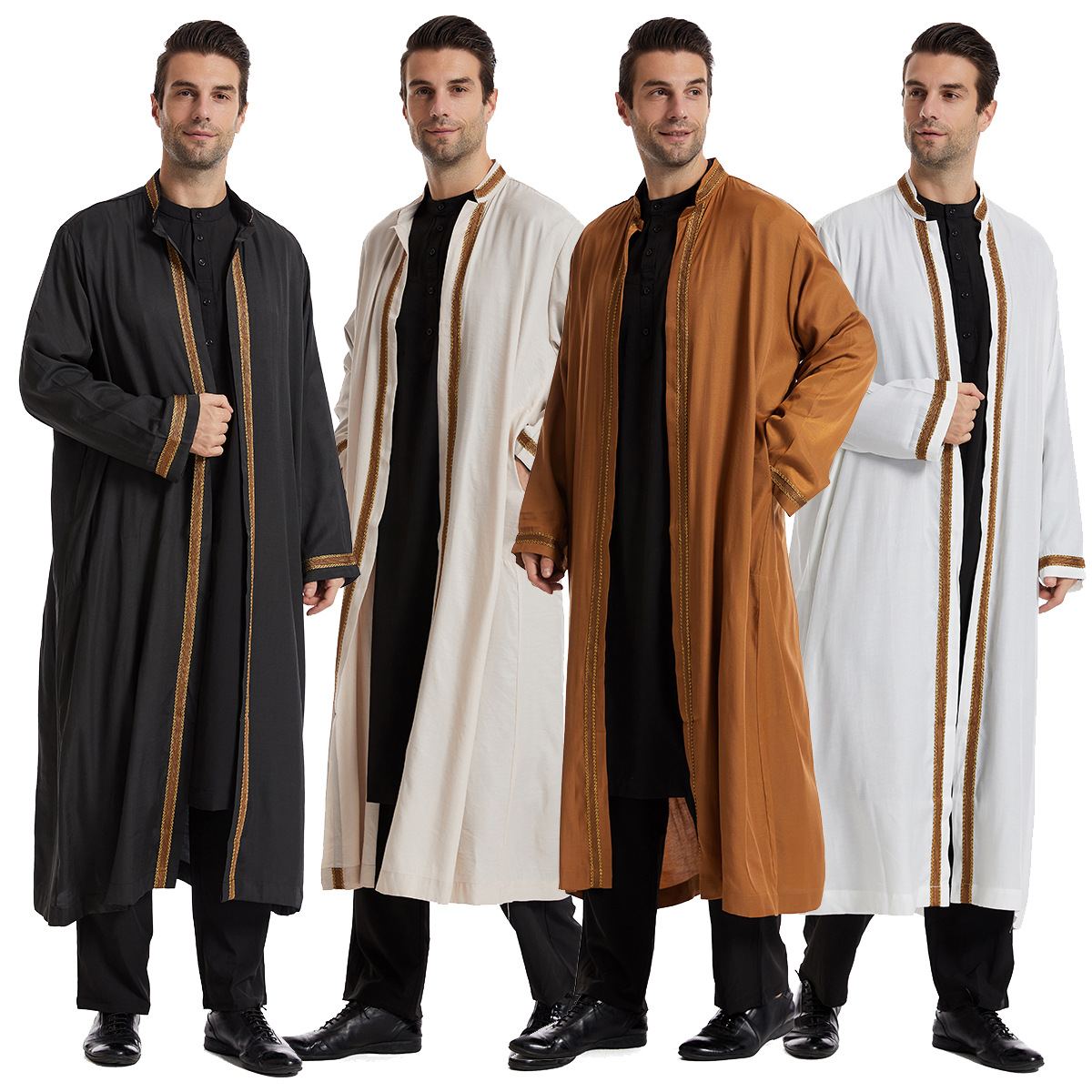 Men in four gold-braid trimmed long robes with black inner wear