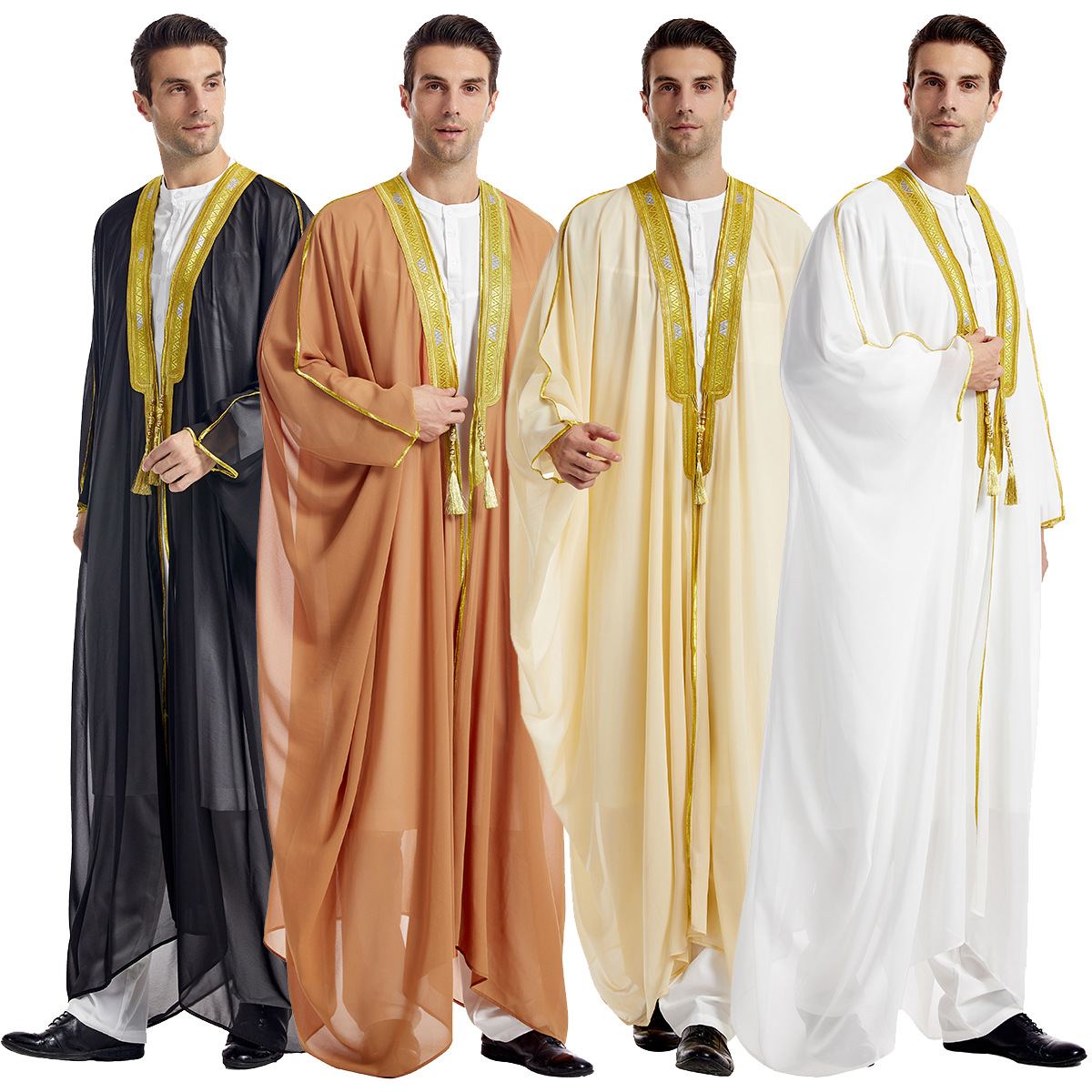Men wearing sheer embroidered bisht over-robes in four colors