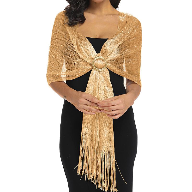 Gold metallic mesh evening shawl with fringe
