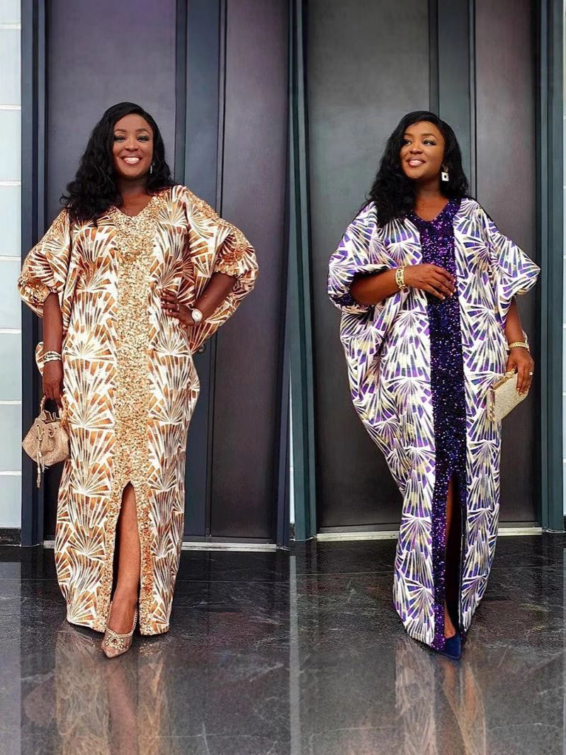 Gold-white and purple geometric printed African maxi robe with sequin trim