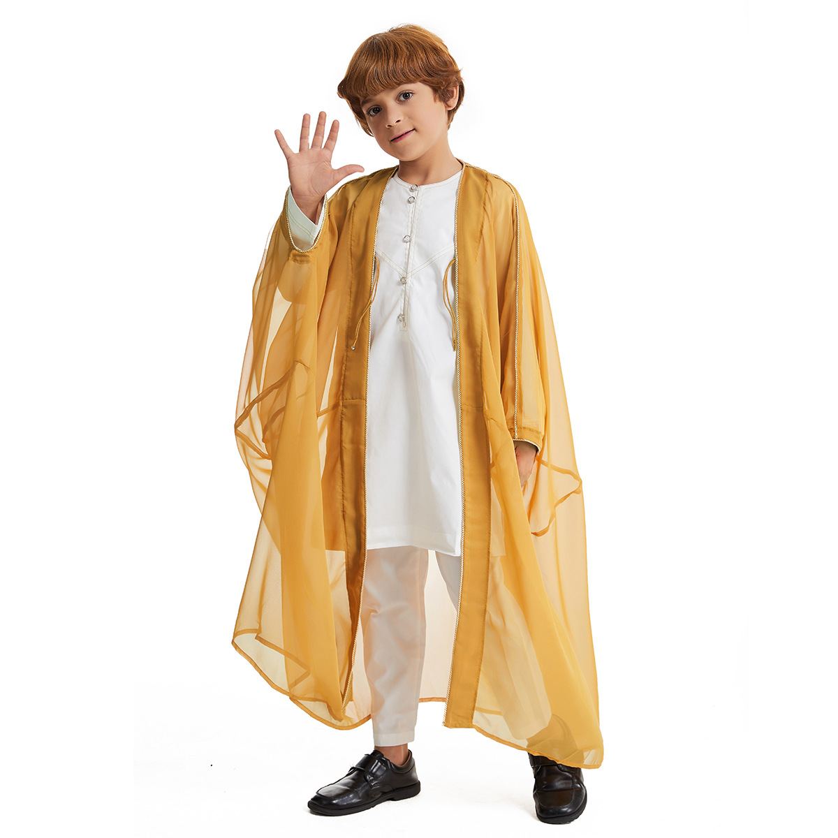Boys' white thobe with gold-trimmed sheer bisht cloak