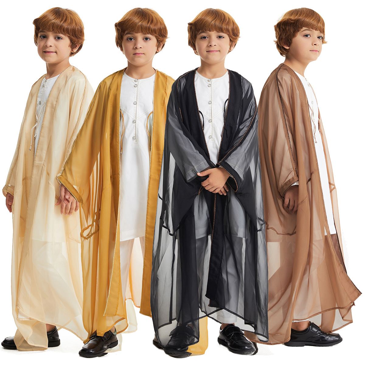 Boys' white thobe with gold-trimmed sheer bisht cloak