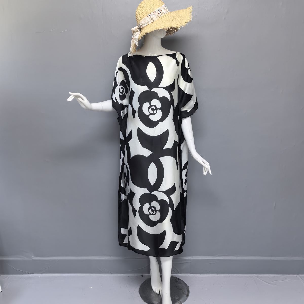 Plus-size printed faux-silk beach maxi dress in vibrant tropical print