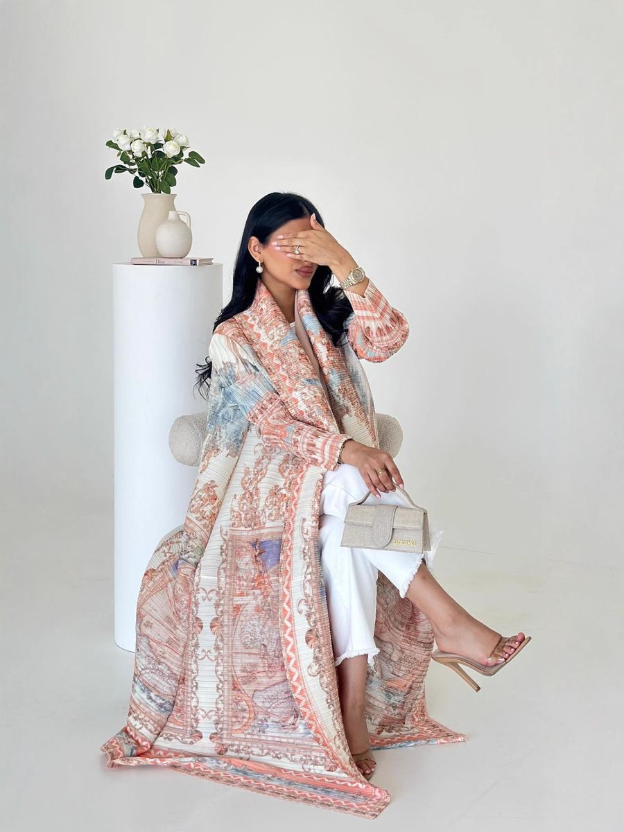 Printed pleated duster-cardigan long dress for women