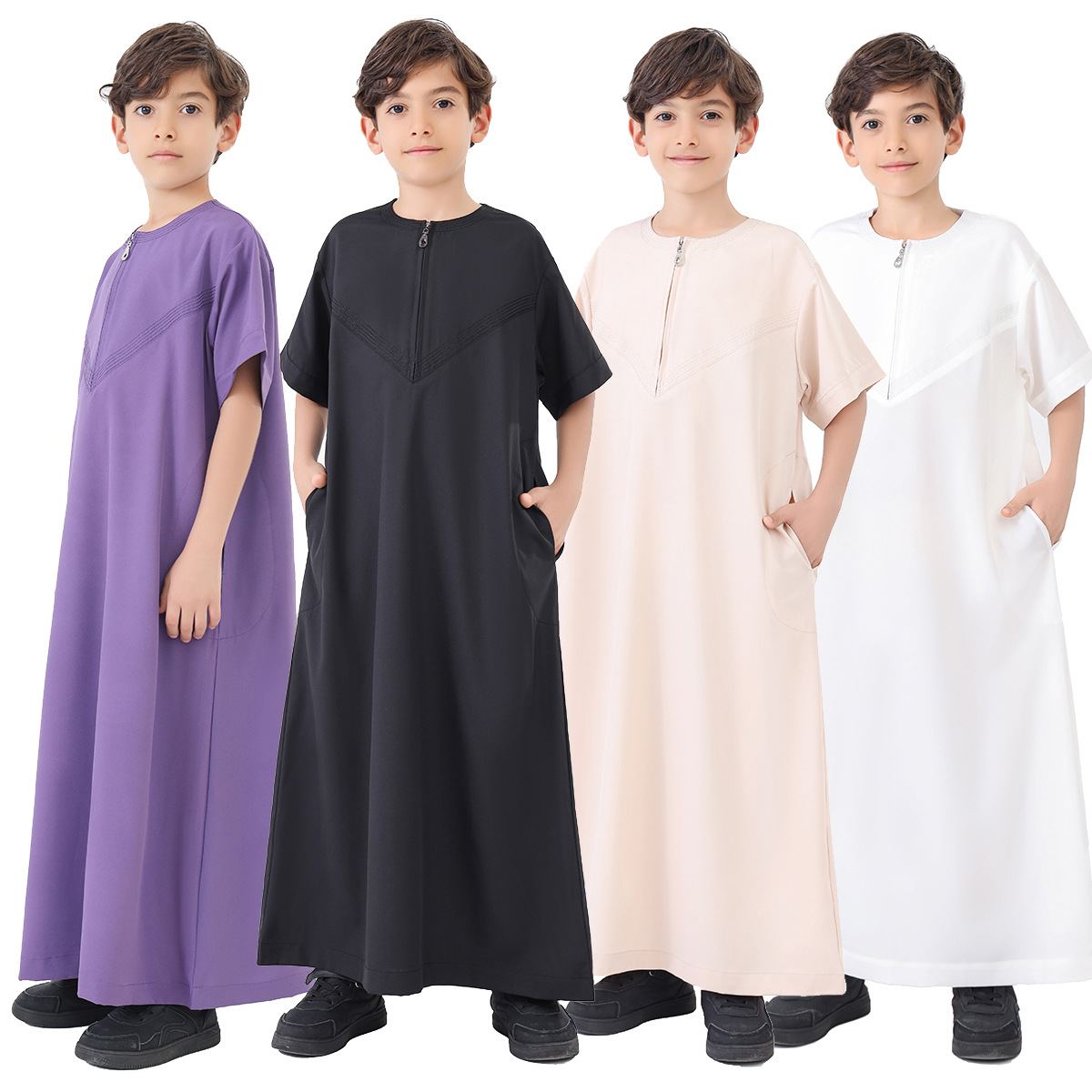 Boys' purple short-sleeve zip-front thobe