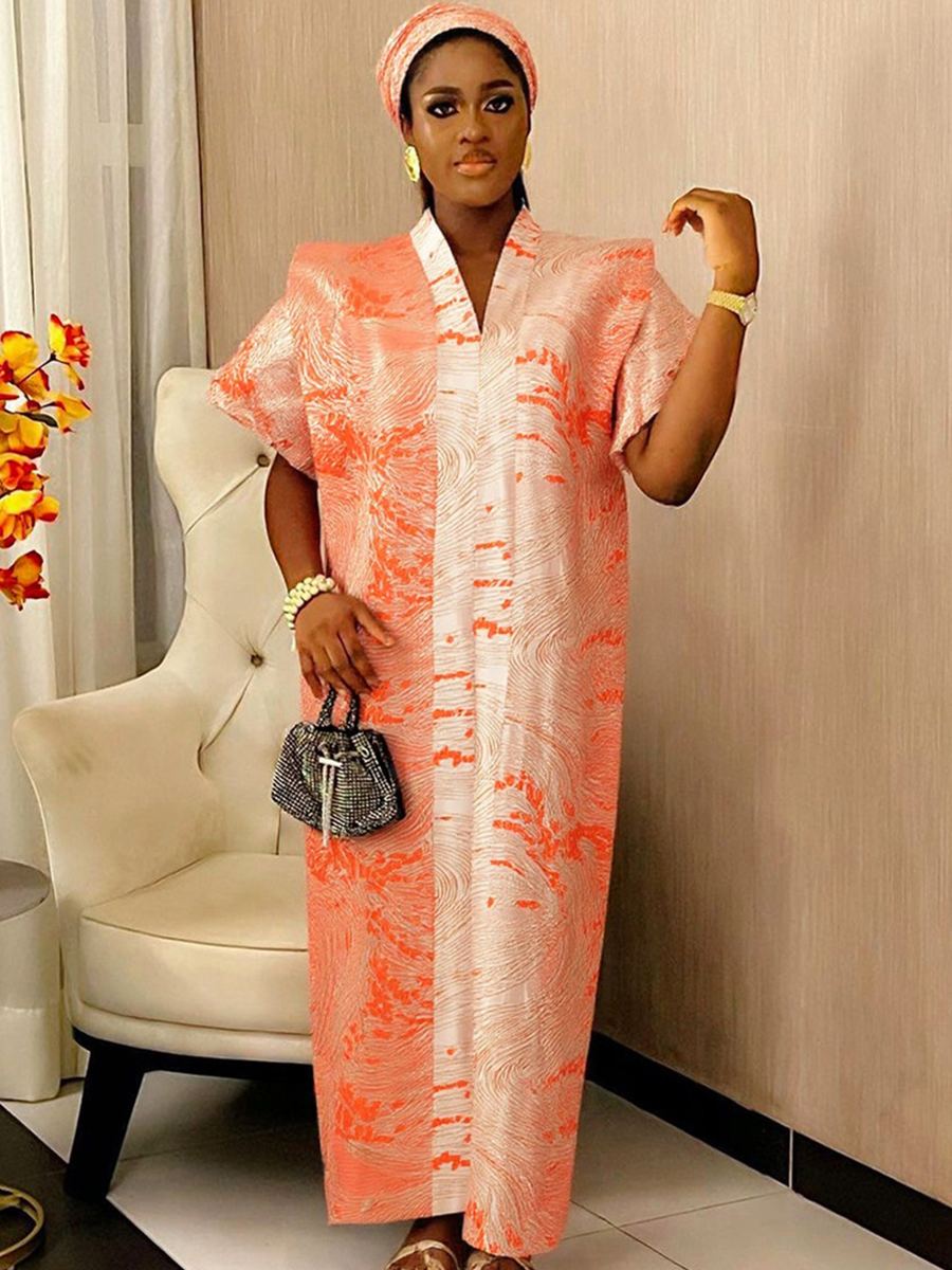 Coral marble-print boubou robe with belt and matching headwrap