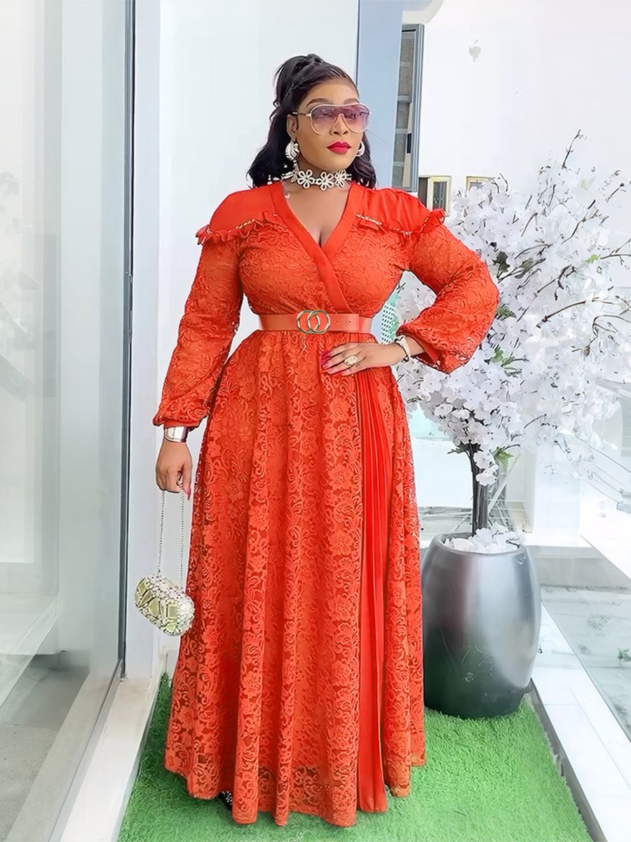 Lace-panel waisted long dress — wholesale African women's dress photo 2