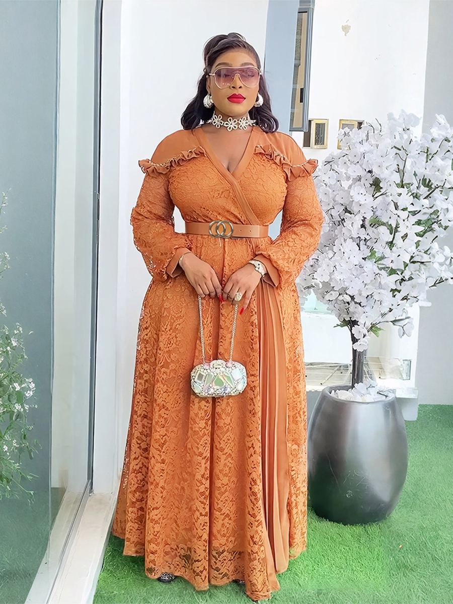 Lace-panel waisted long dress — wholesale African women's dress photo 3