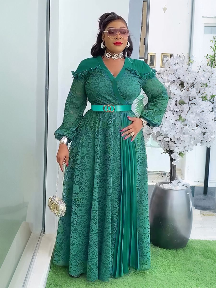 Lace-panel waisted long dress — wholesale African women's dress