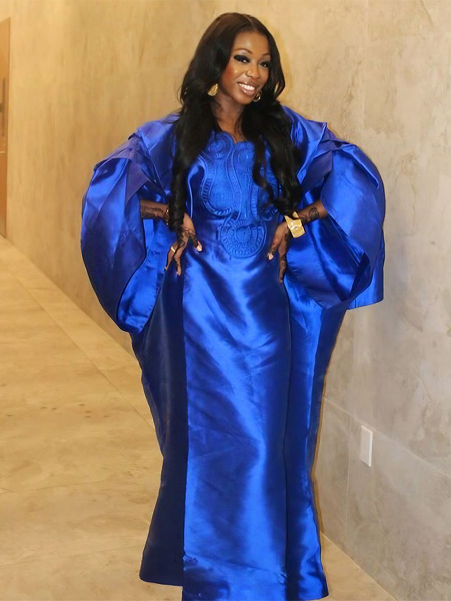 Royal blue boubou gown with embroidered crest motif and wide sleeves