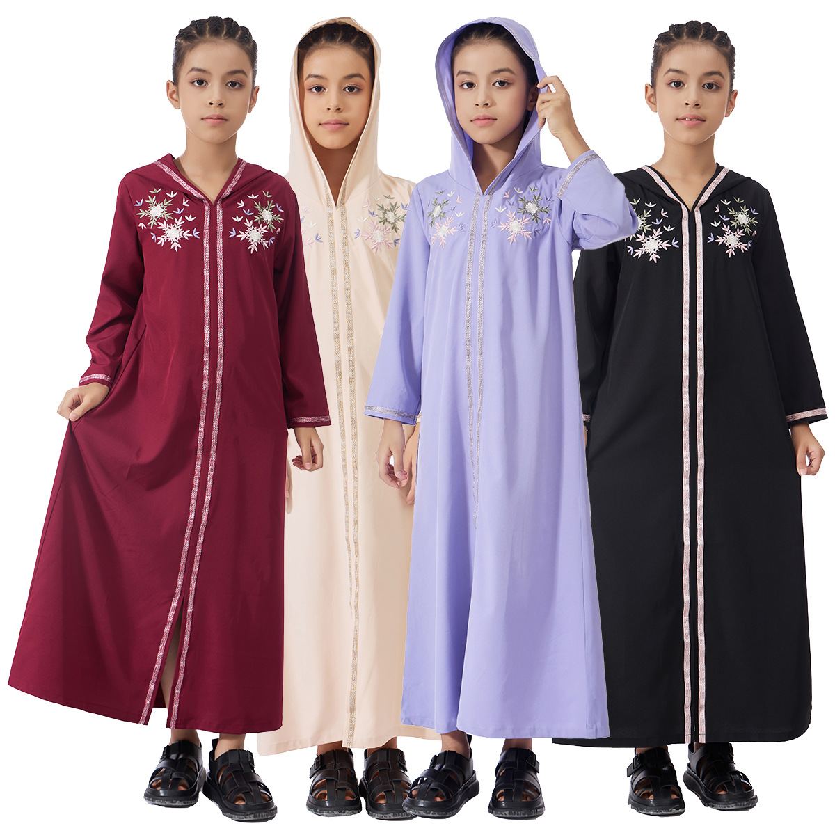 Girls' burgundy hooded djellaba with floral embroidery
