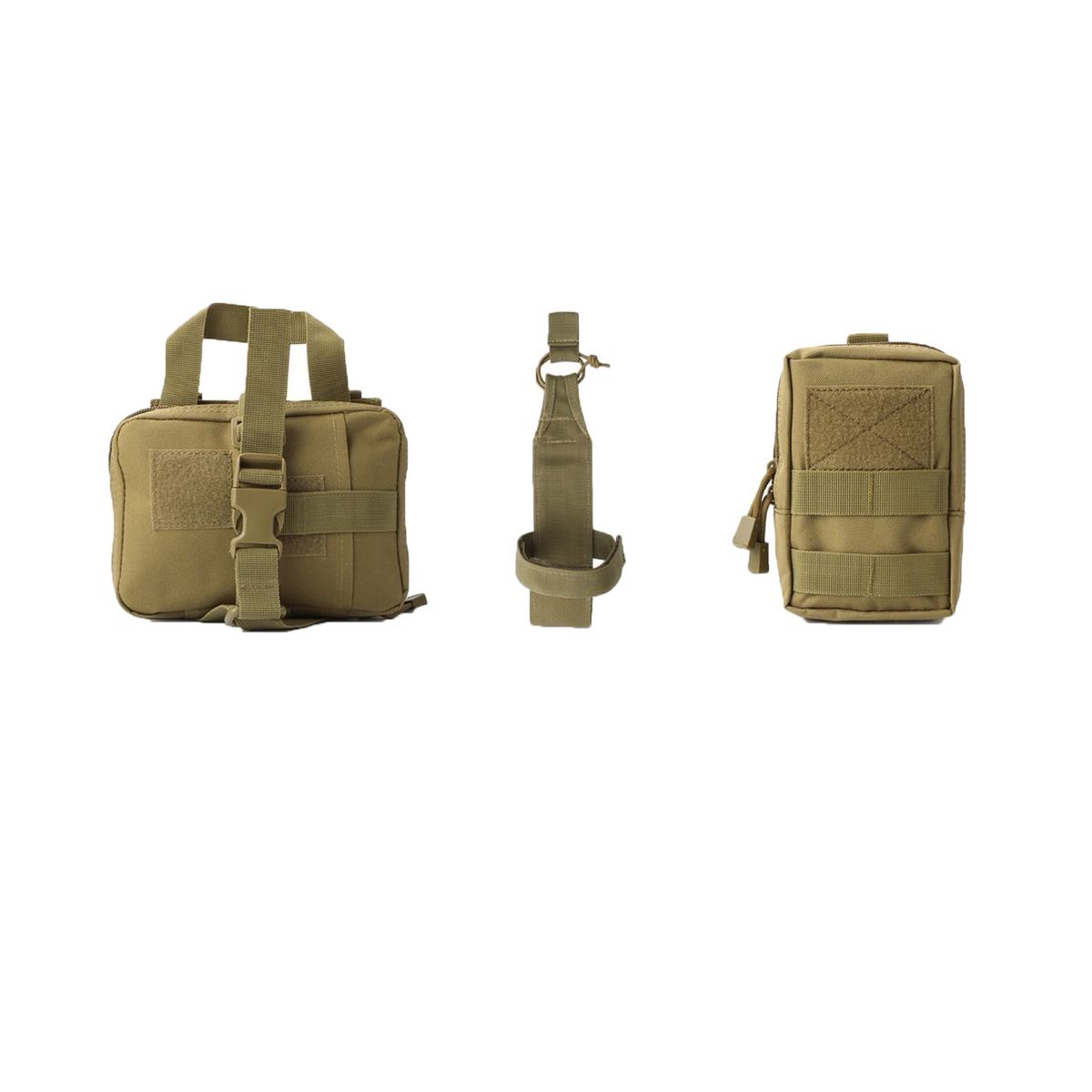Sand-brown tactical dog vest set with bungee lead and three pouches on white background photo 2