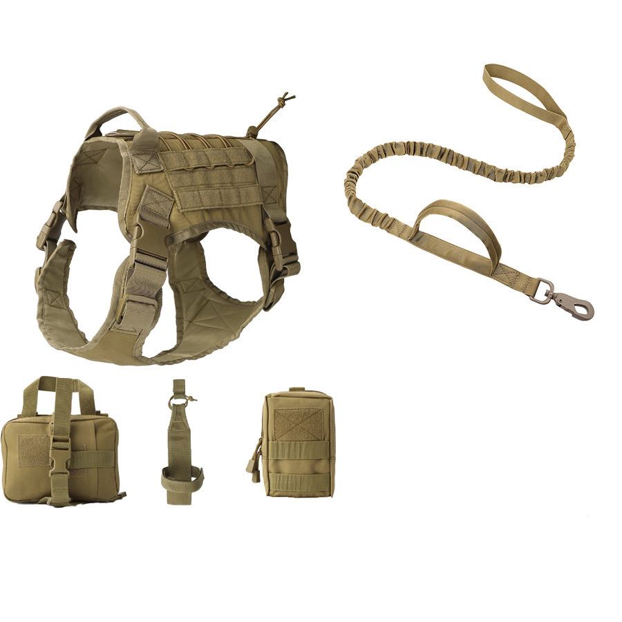 Sand-brown tactical dog vest set with bungee lead and three pouches on white background