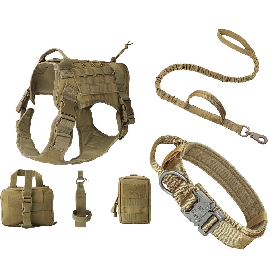 Sand-brown tactical dog vest set with bungee lead and three pouches on white background photo 4