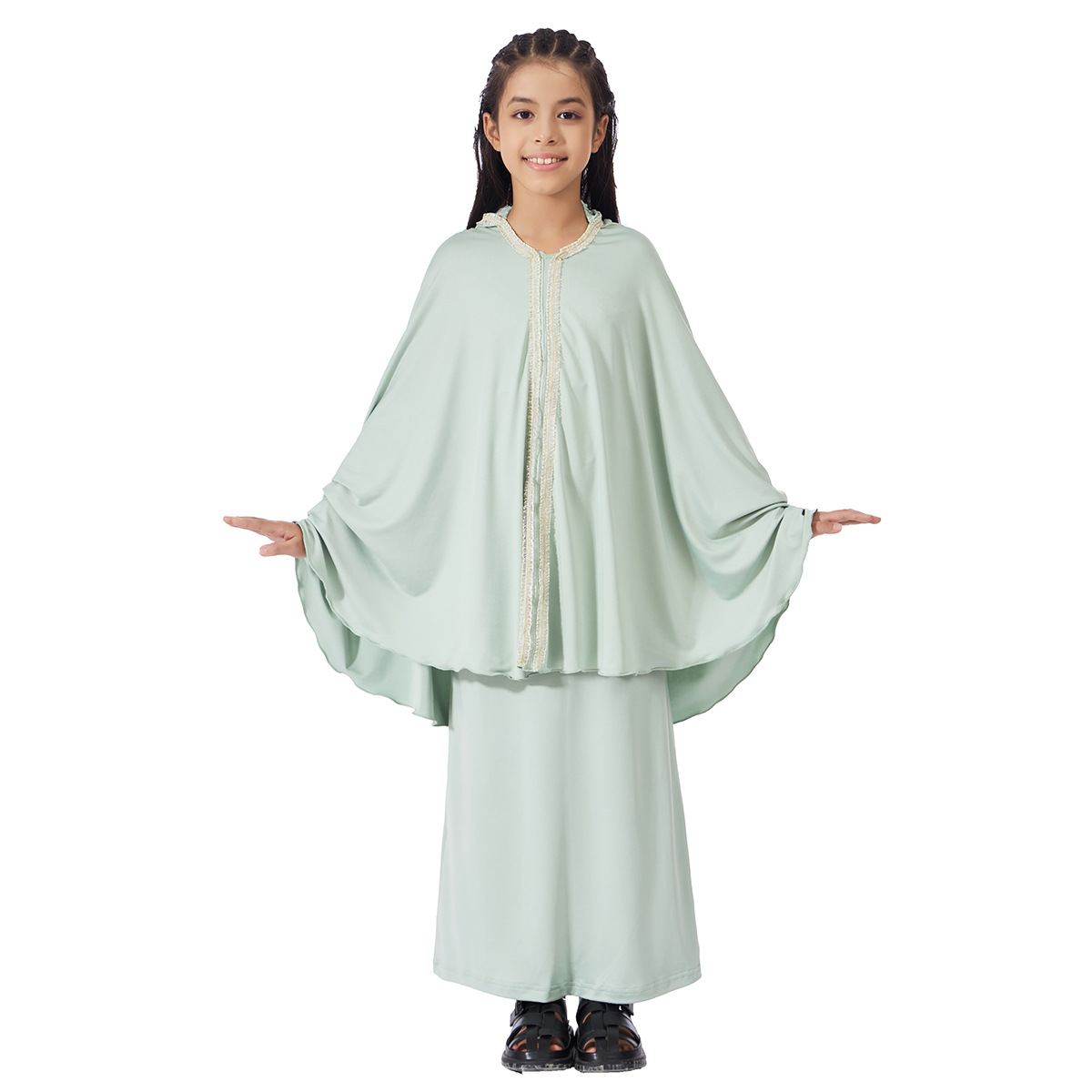 Girls' sage green two-piece khimar set with lace trim