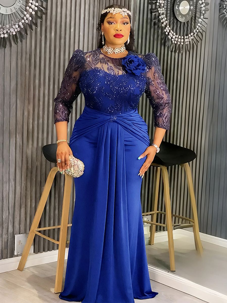 Royal-blue sequin and lace evening gown with puffed sleeves